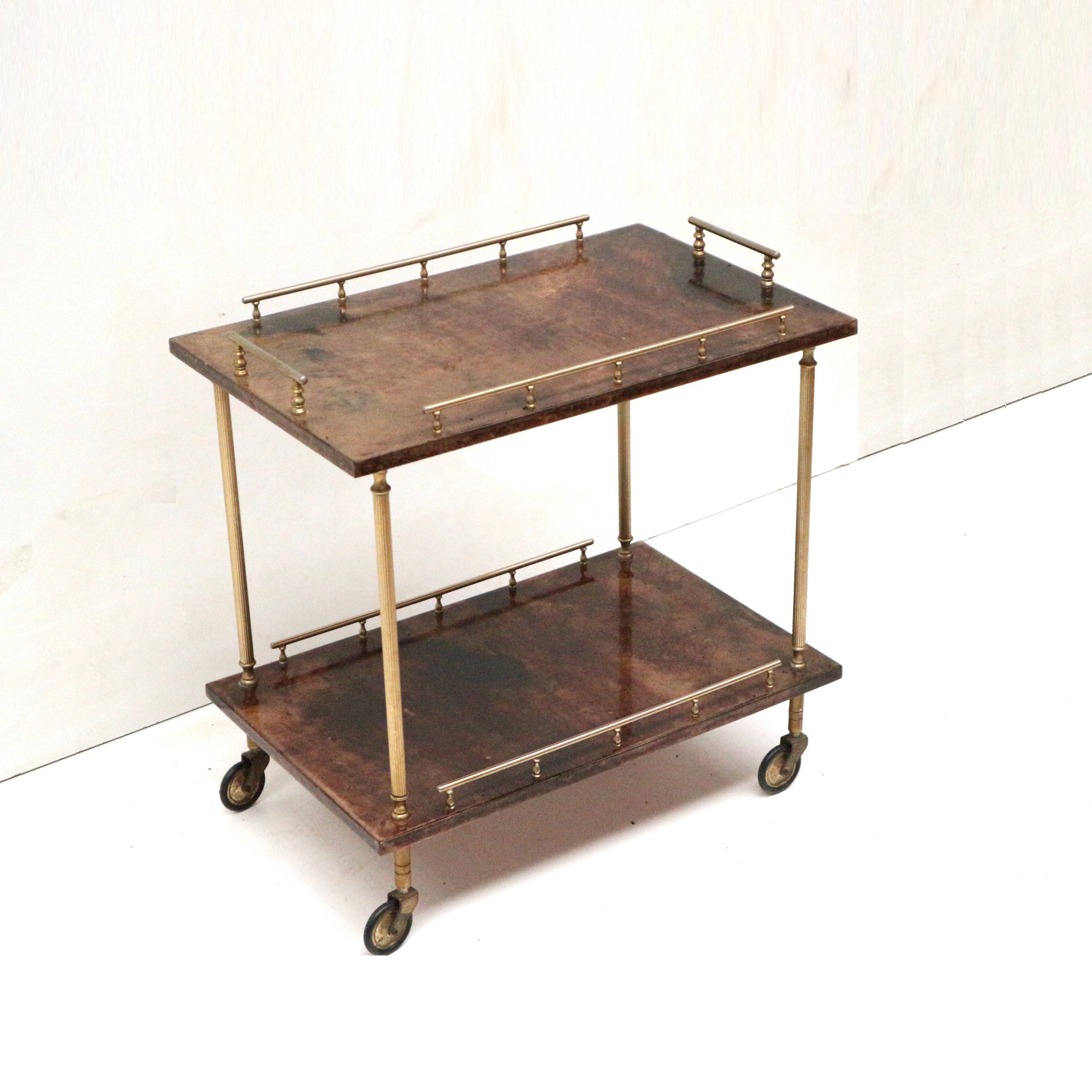 Vintage Italian design bar cart / side table by Aldo Tura made of lacquered goat skin
