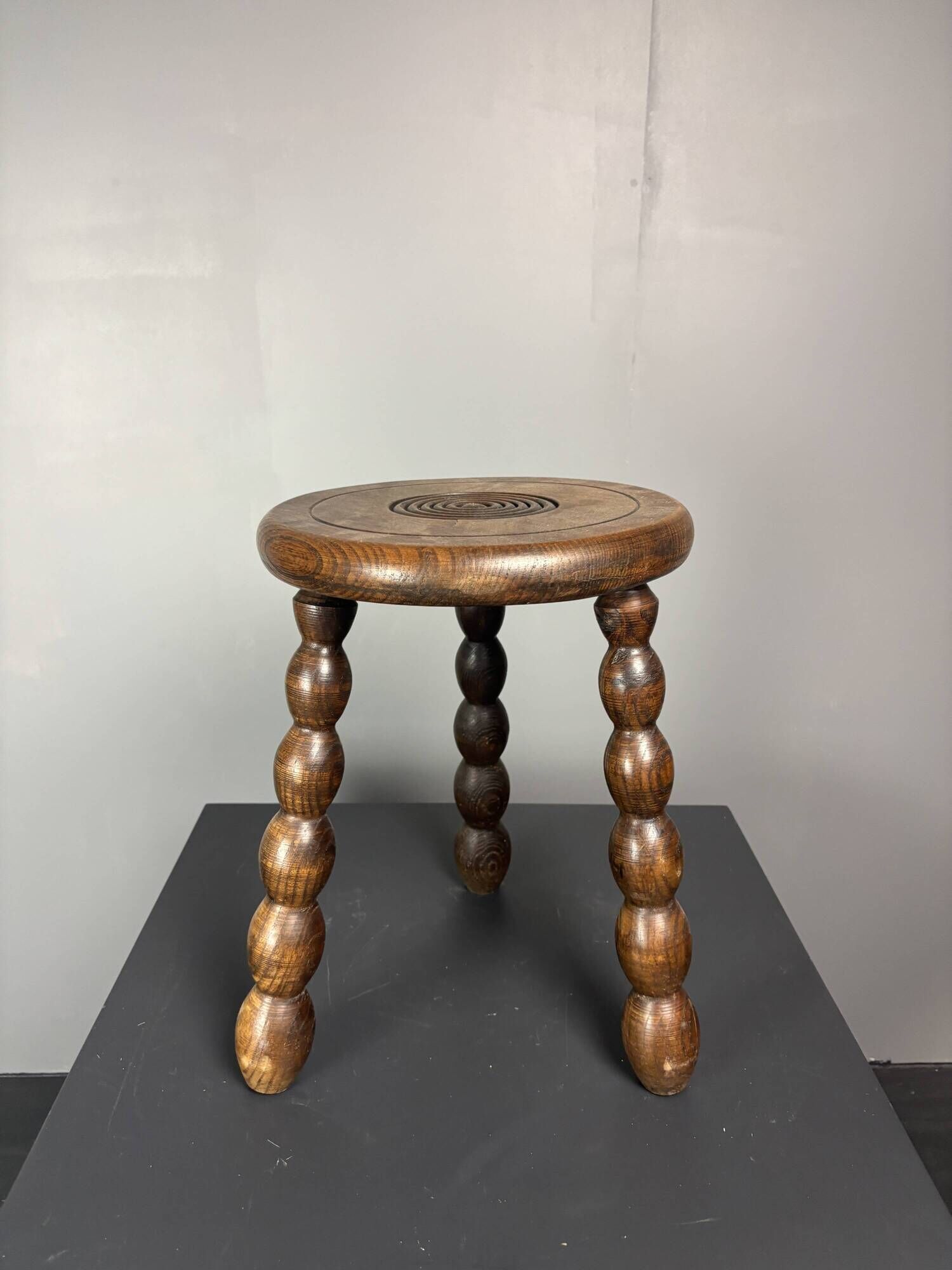 Midcentury bobbin wood turned stool, Charles Dudouyt style, France, 1950s