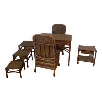 Rattan desk and chair and nesting table set
