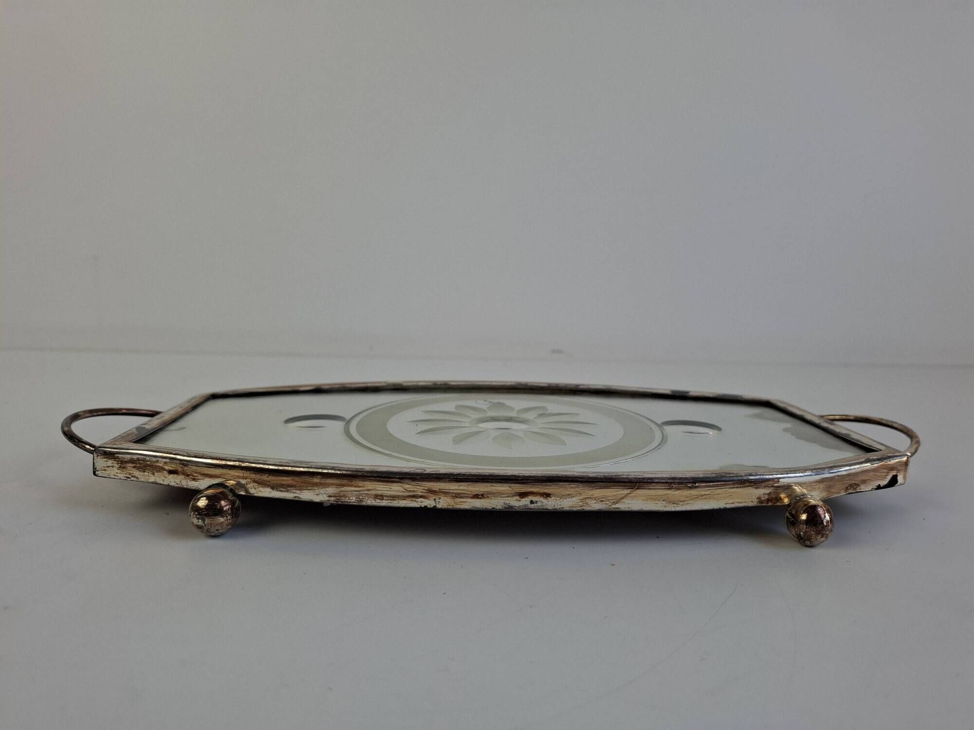 Vintage Art Deco Mirrored Glass Serving Tray with Floral Motif