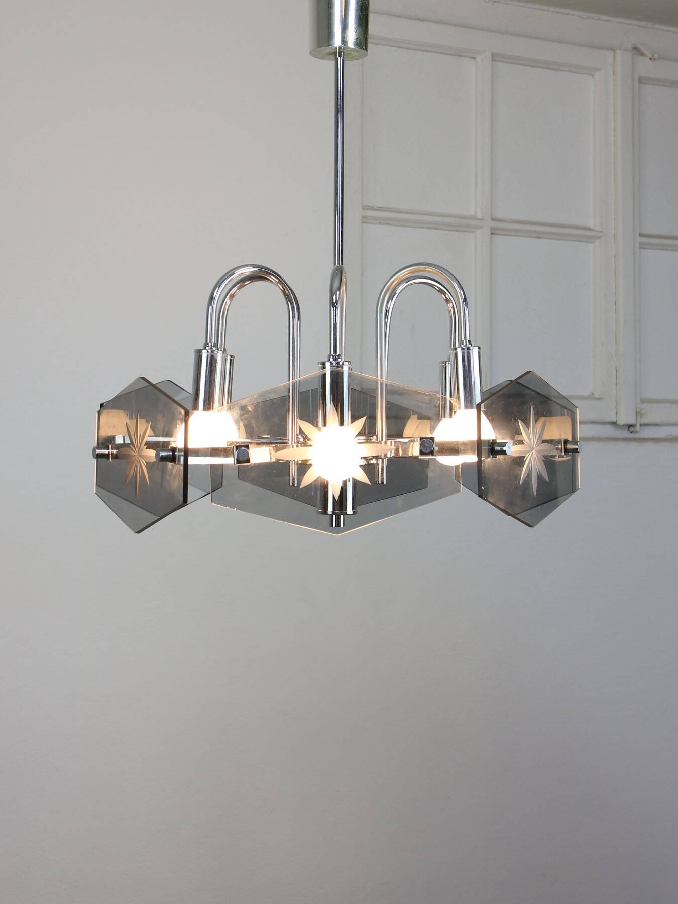 Vintage Italian Chrome and Glass Chandelier, 70s