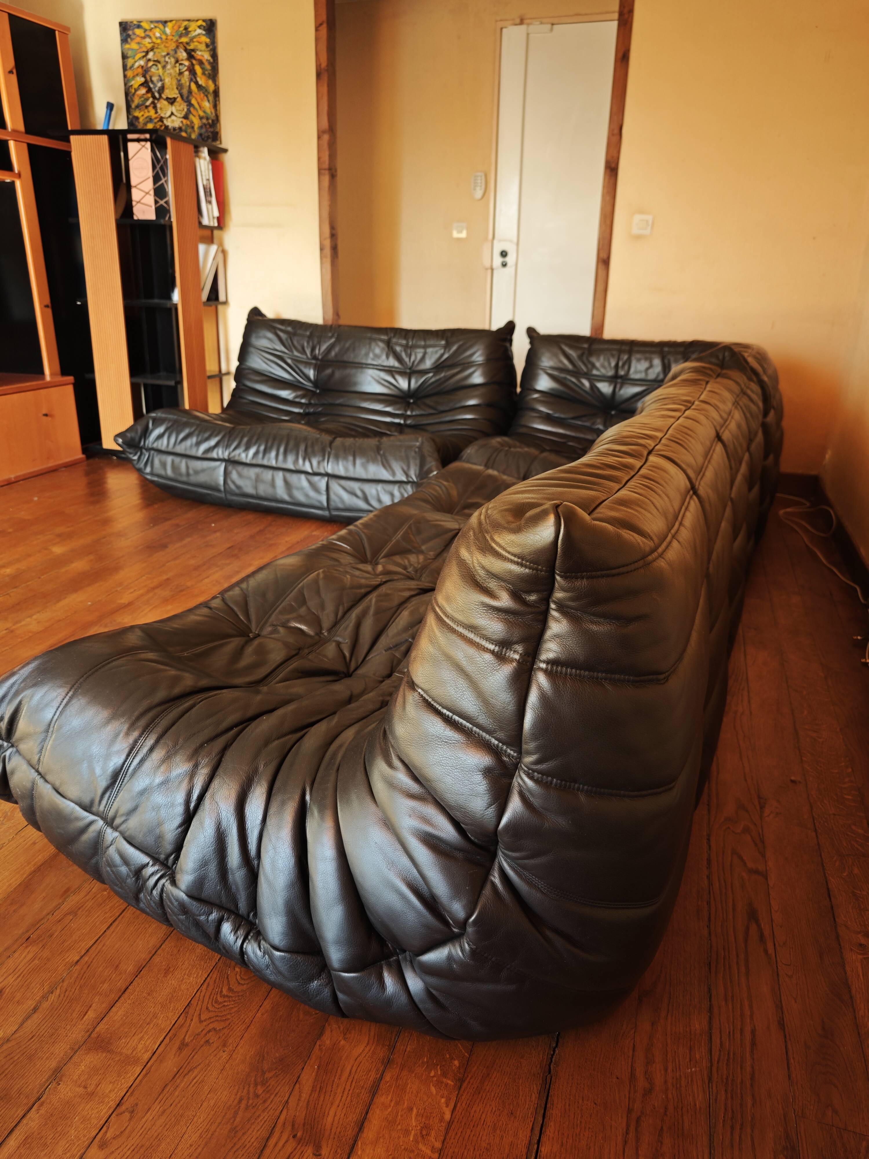 Ligne Roset Togo sofa, 3-seater, 2-seater, and corner in black leather.