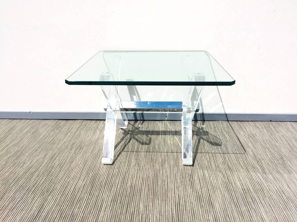 Square coffee table ' Trestles '. Plexi & glass. Vintage 80s