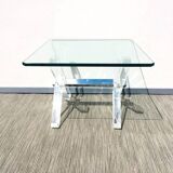 Table basse carrée ' Tréteaux ' . Plexi & verre. Vintage 80s