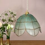 Vintage pendant light in blue mother-of-pearl and brass.