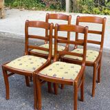 4 chaises en bois massif et tissu jaune fleurs Louis Philippe