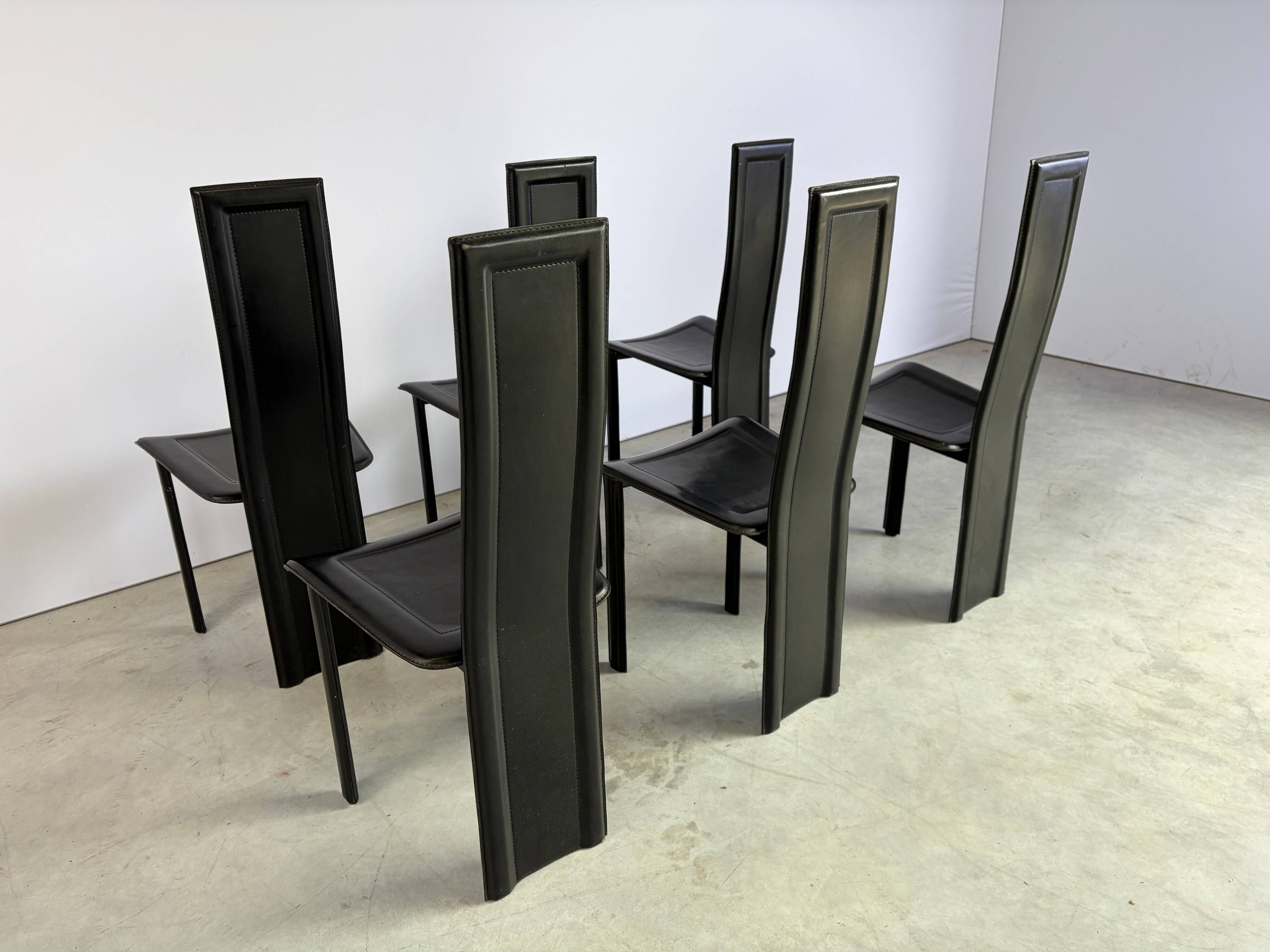 Vintage black leather dining chairs, set of 6, 1980s