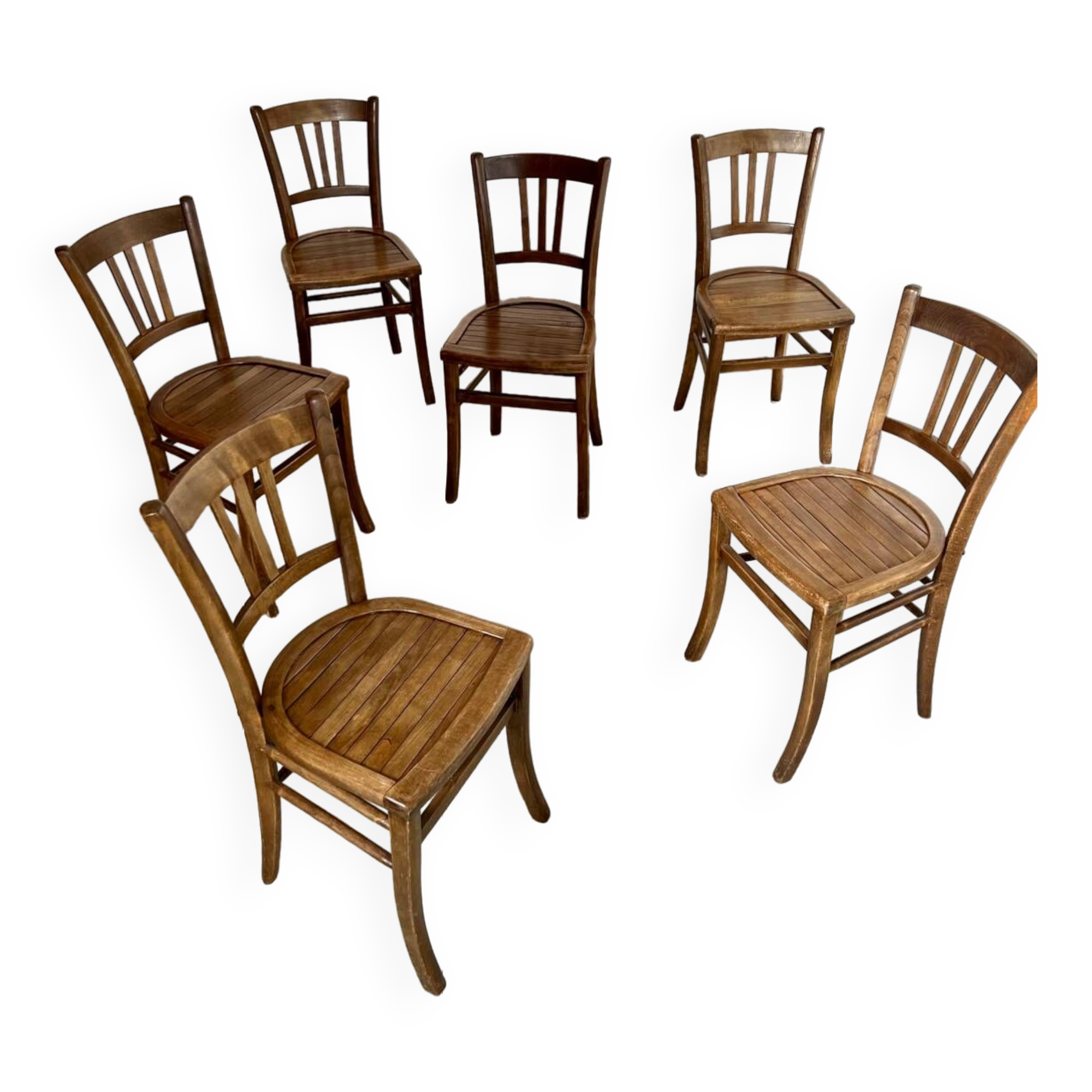 Lot de 6 anciennes chaises vintage bistrot des années 50 en bois