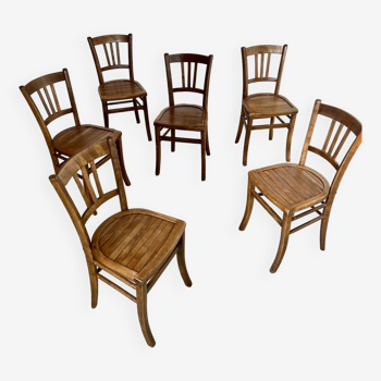 Set of 6 old vintage bistro chairs from the 50s in wood