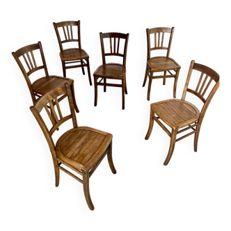 Set of 6 old vintage bistro chairs from the 50s in wood