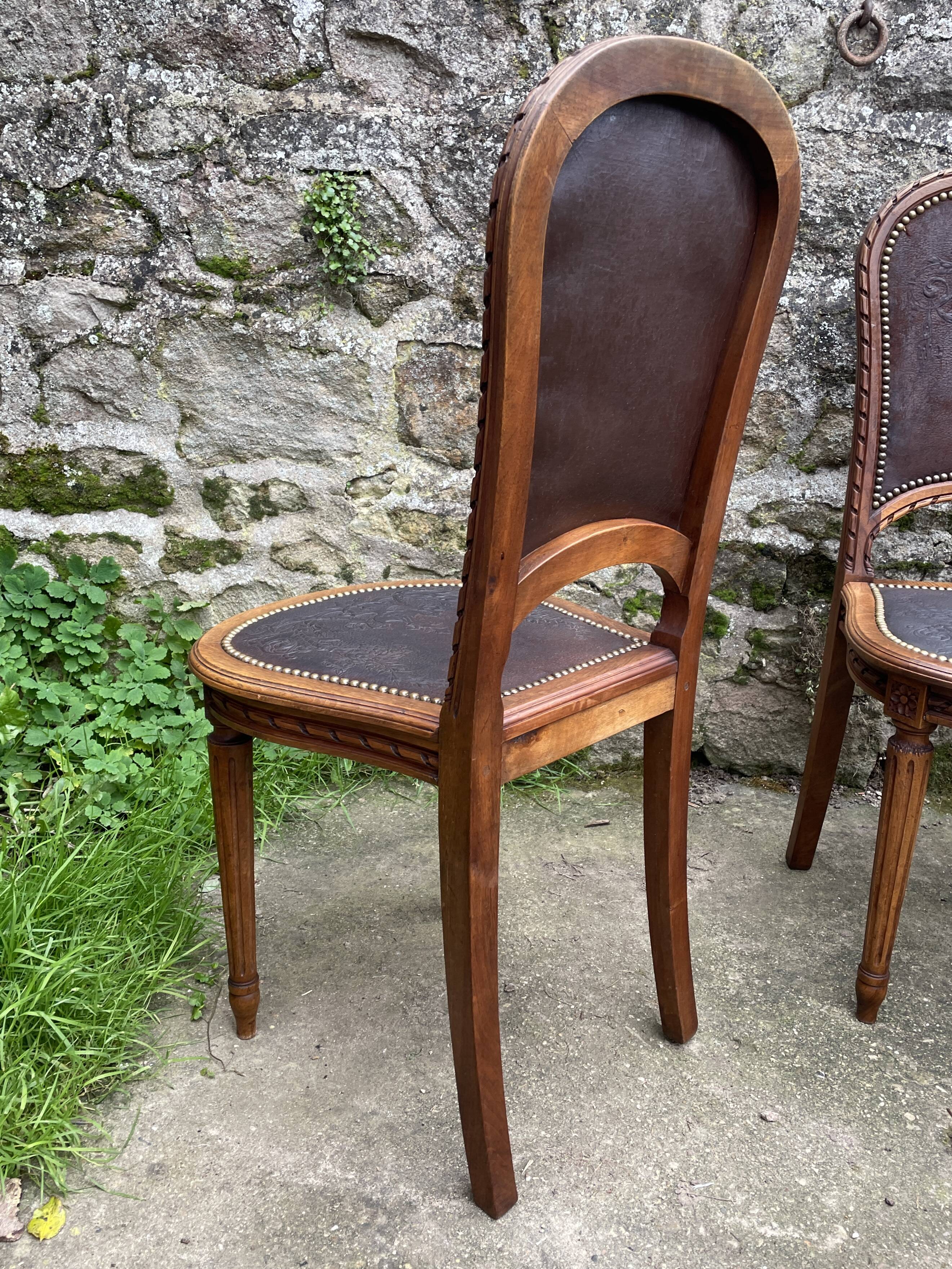 6 Louis XVI style chairs in solid beech and Cordovan leather, 1900