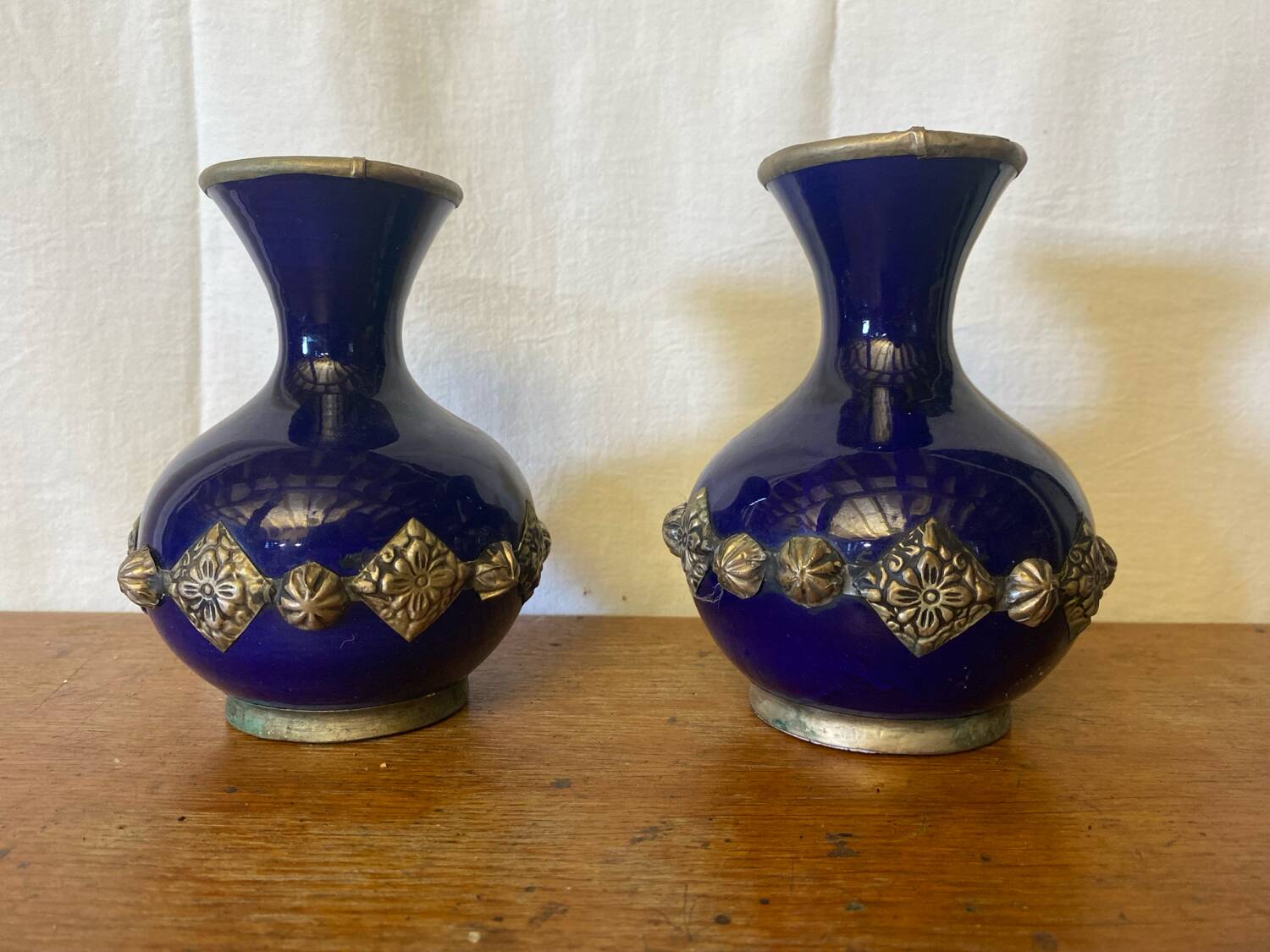 Pair of antique cobalt blue ceramic vases + vintage metal decor