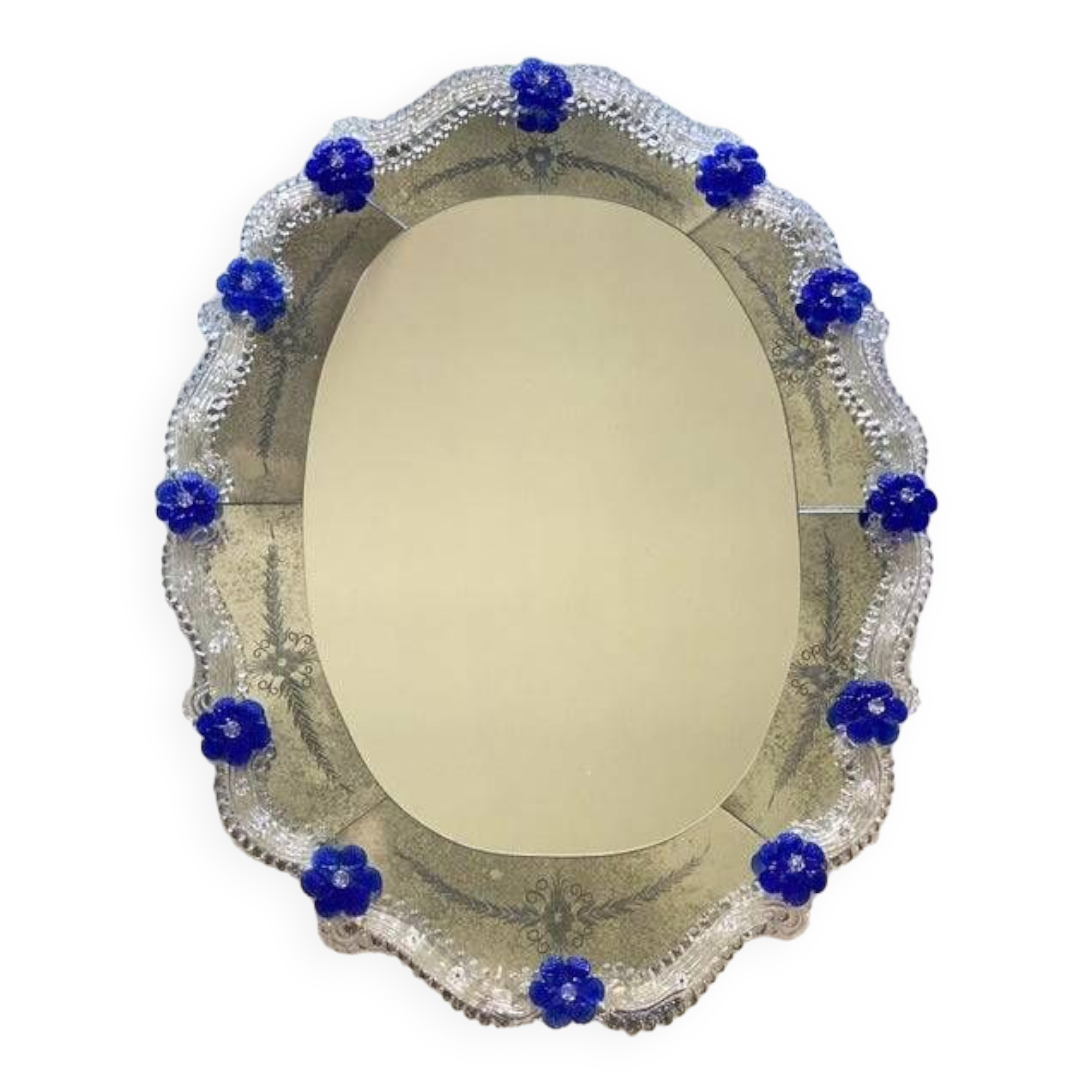 Early 21st century venetian oval floreal hand-carving mirror in murano glass