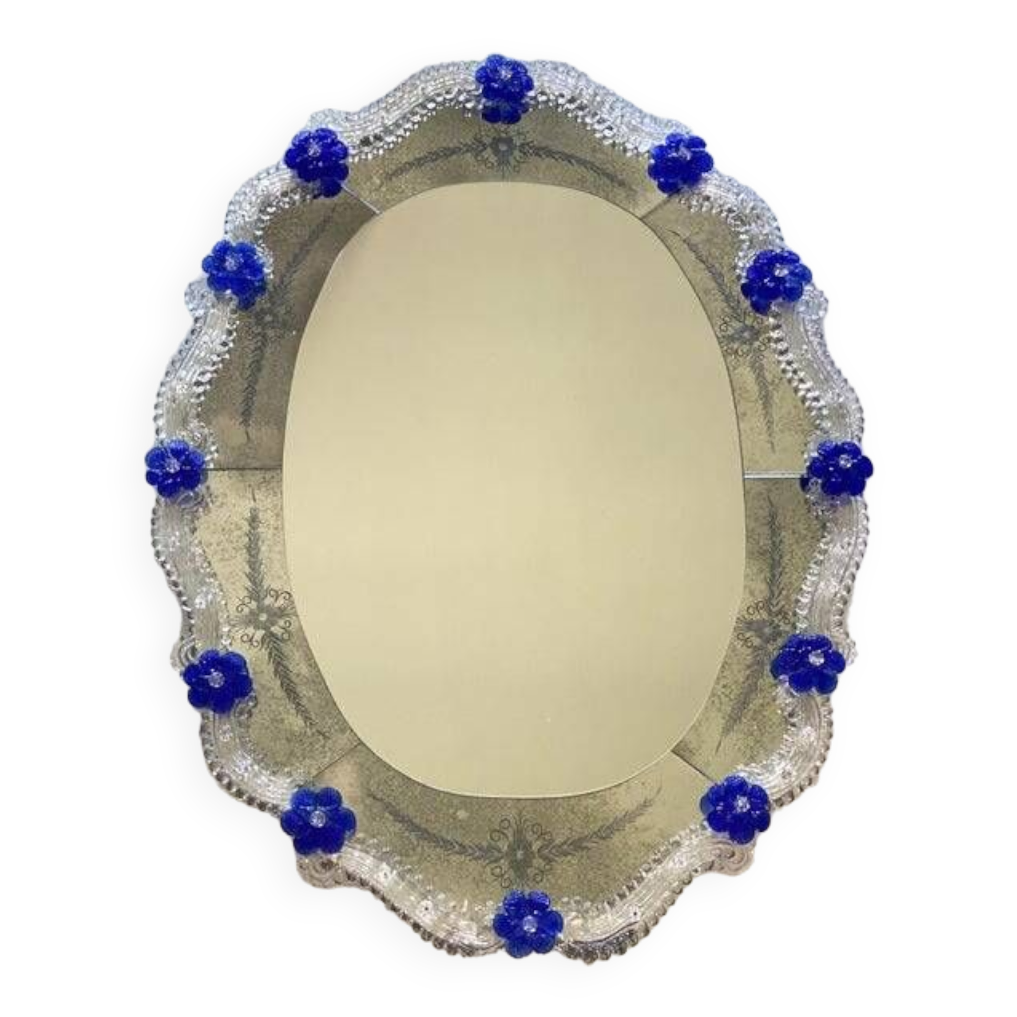 Early 21st century venetian oval floreal hand-carving mirror in murano glass