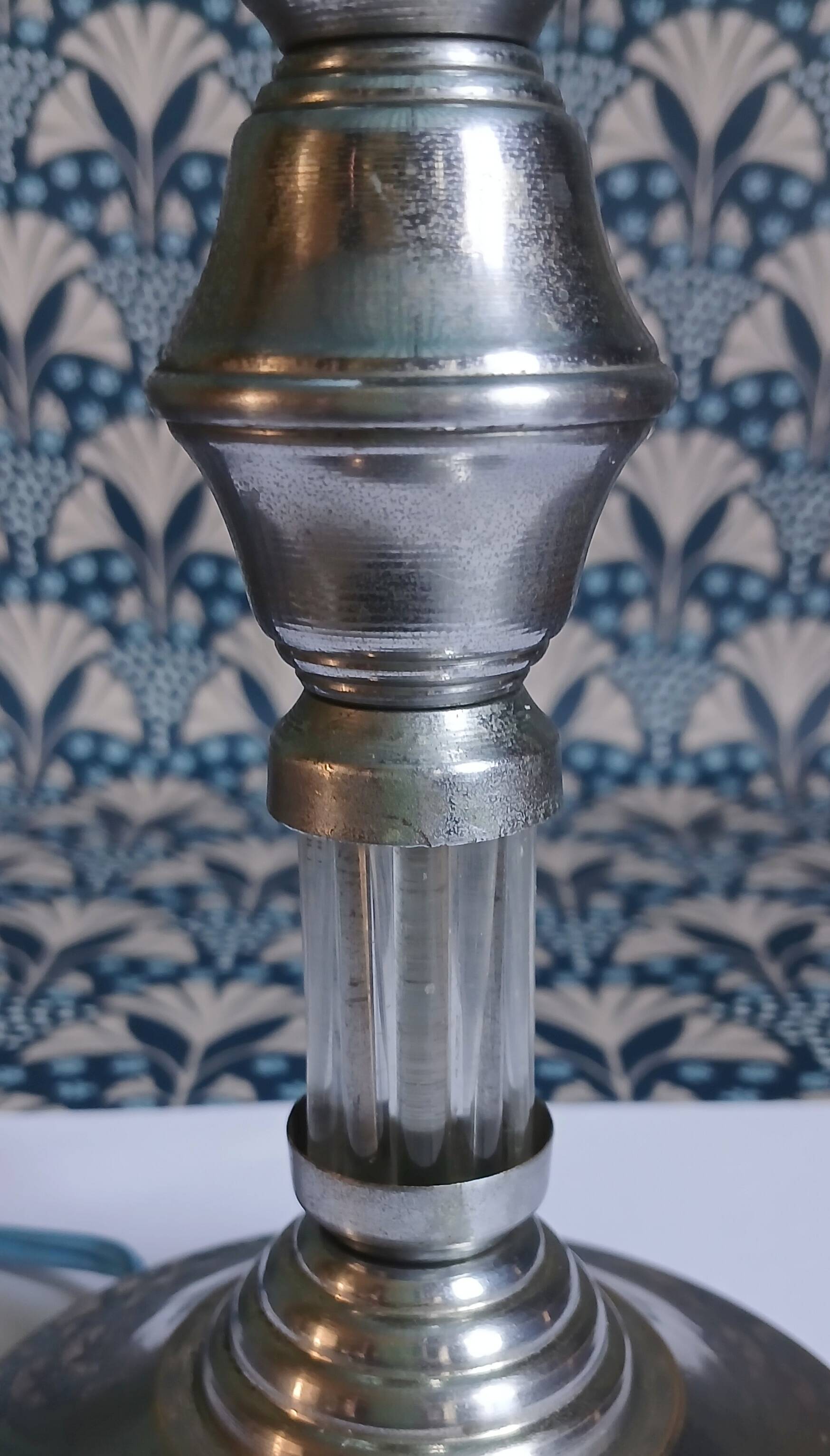 Silver metal lamp & glass cylinders from the 1940s