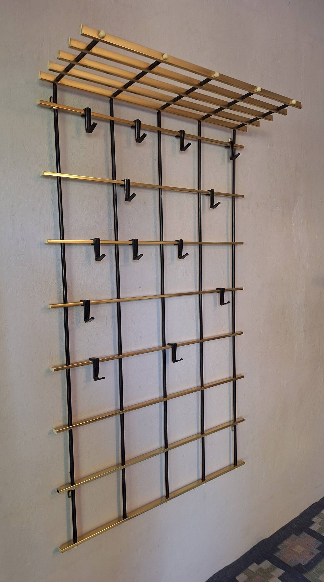 Wall mounted brass and metal coat and hat rack, 1960s