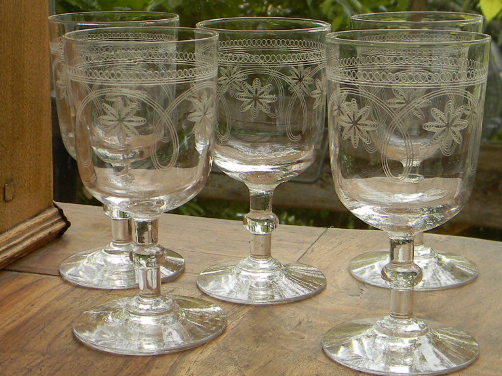 5 old glass glasses engraved glass