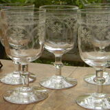 5 old glass glasses engraved glass