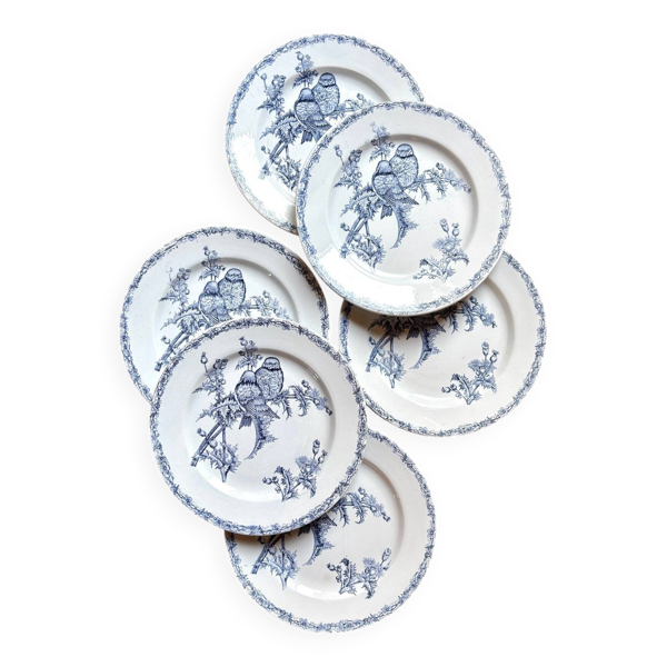 6 assiettes plates Clairefontaine - Léon Graves en terre de fer, service ''Chardonnerets'' fin XIXème