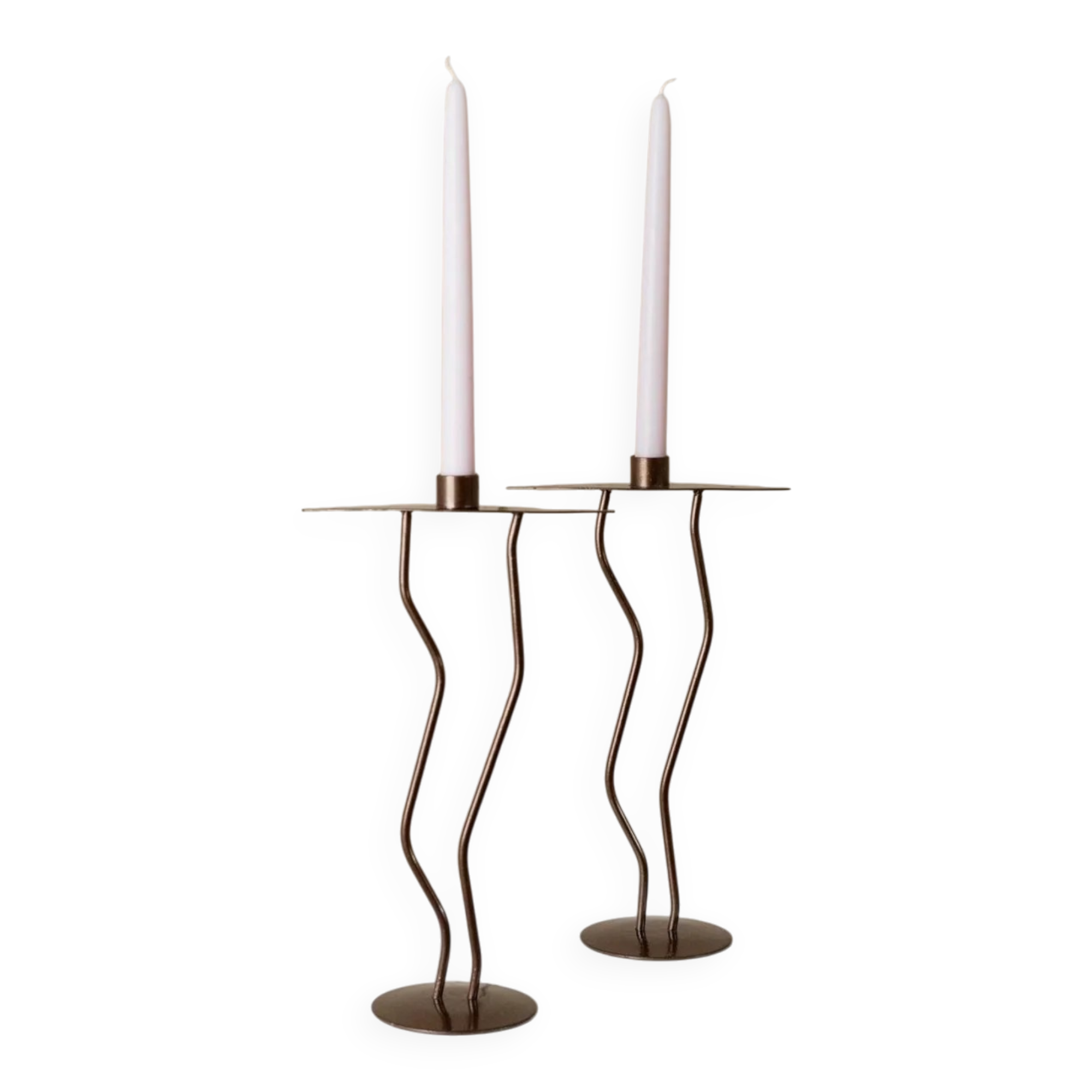 Dark Bronze Metal Candlesticks, Zigzag Postmodern Memphis Style, 2-Piece Set, Italy 1990s