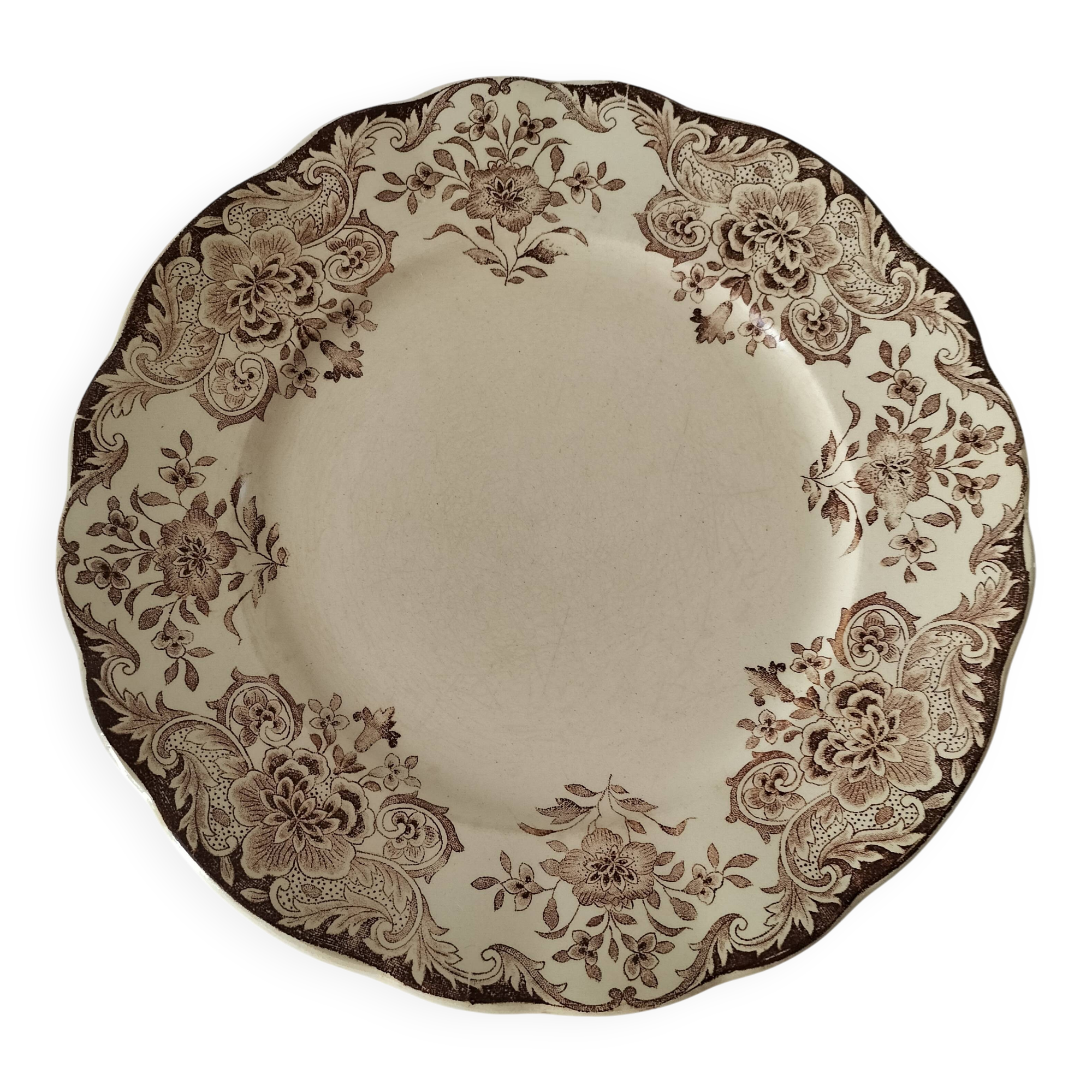 Antique earthenware plate – brown floral decoration – late 19th, early 20th century