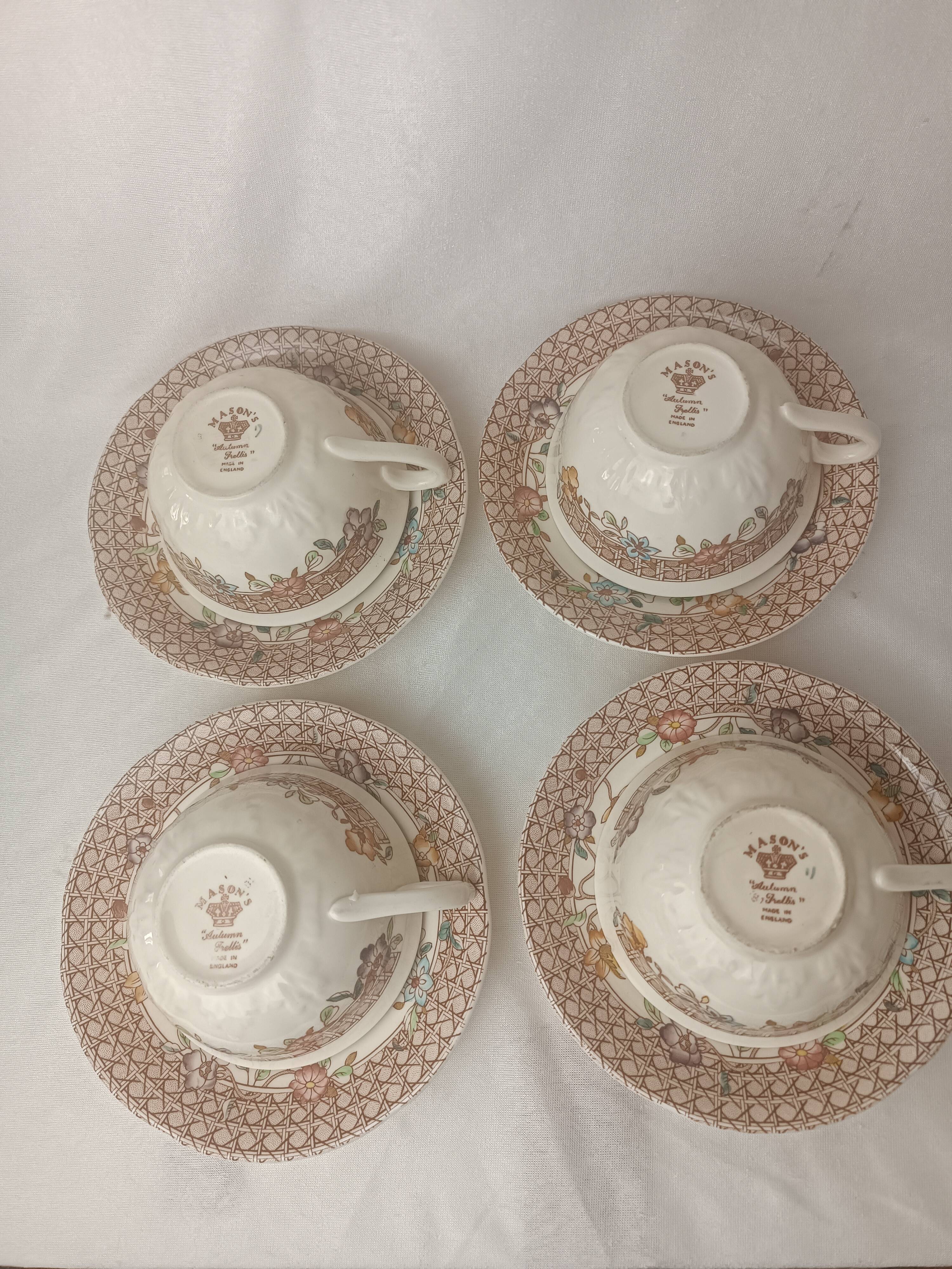 4 Mason's Autumn Trellis Porcelain Teacups & Saucers