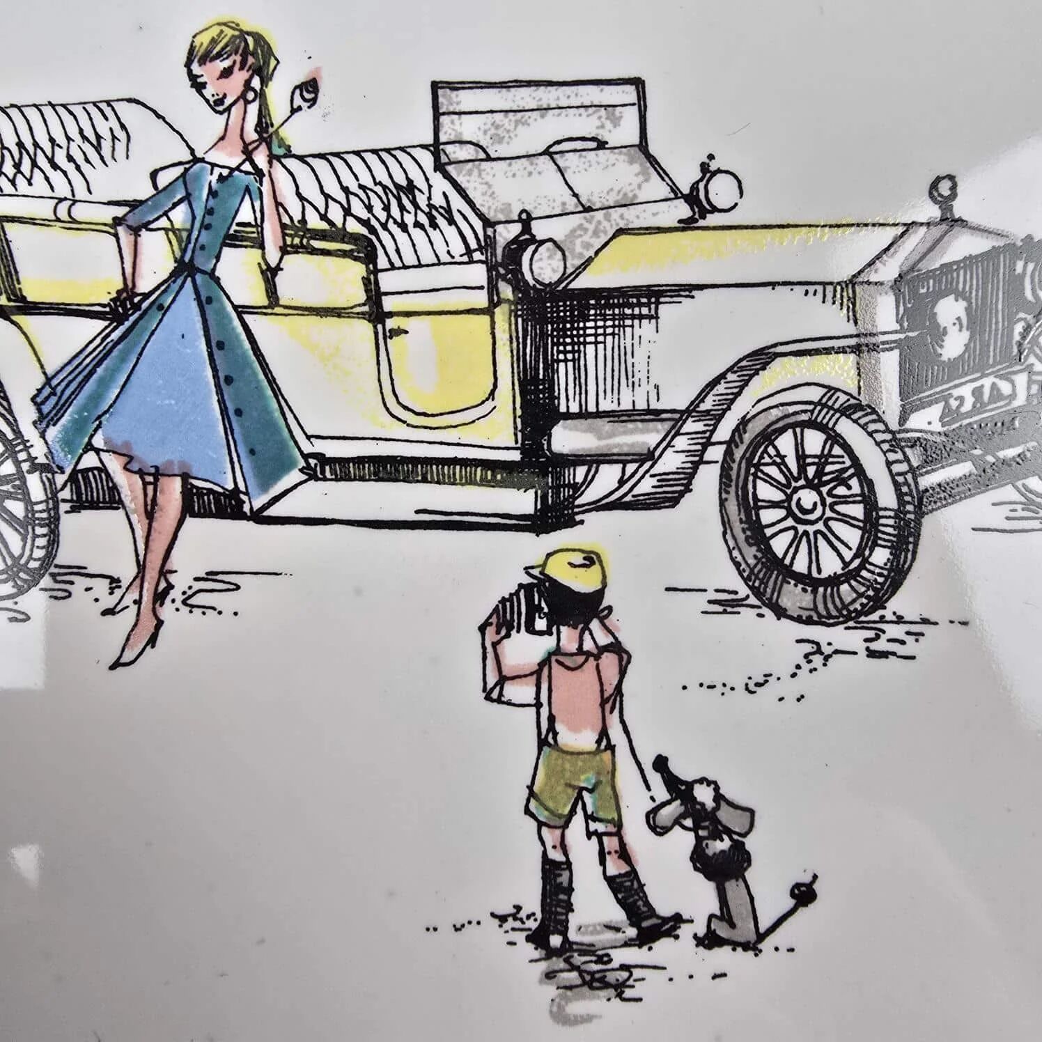 Set of 3 vintage Gien trivets – Retro car, child & couple design