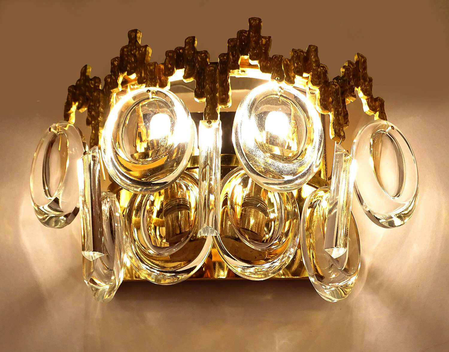 Pair of vintage wall lamps, gold fine gold, crystal, 60s