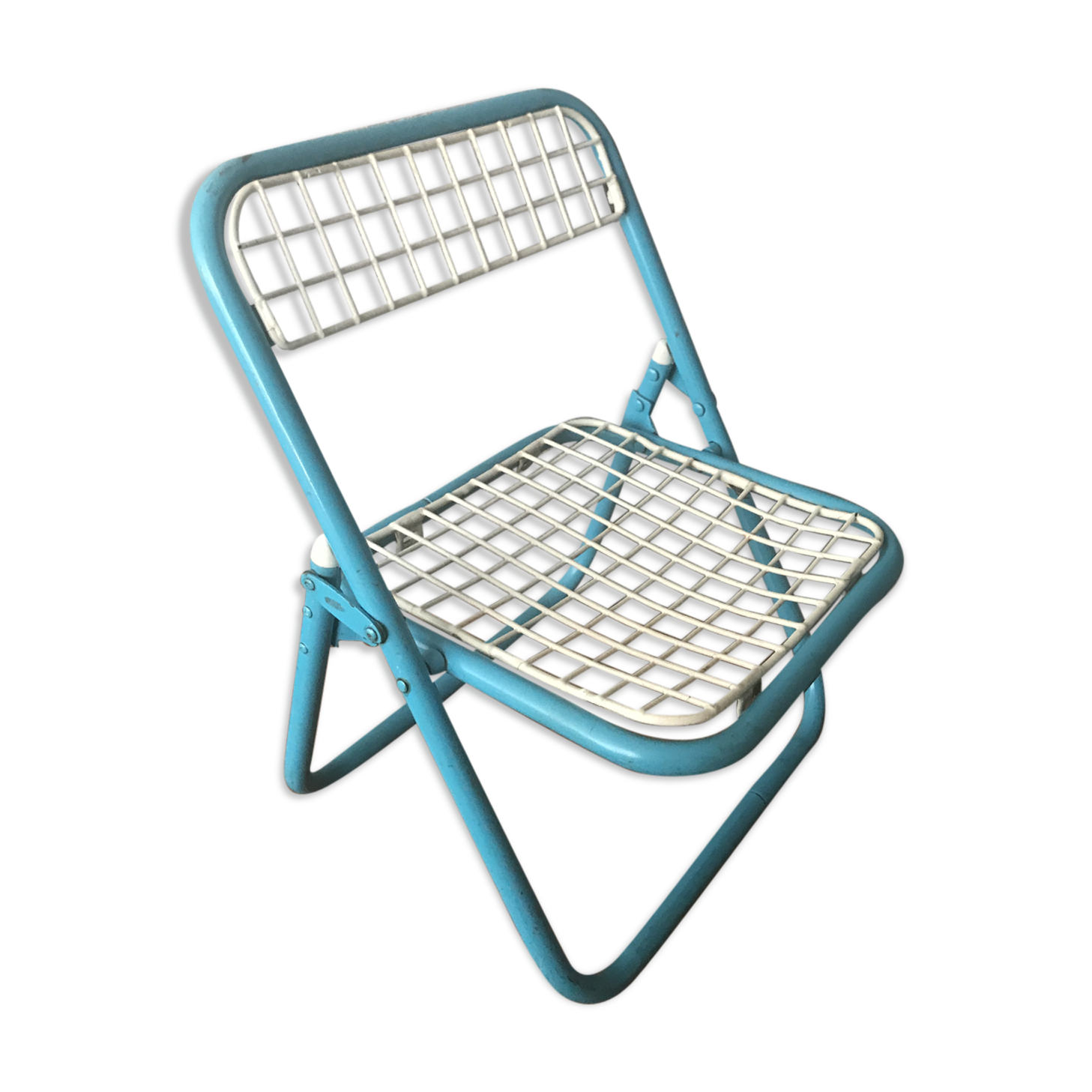Chair folding child white and blue metal