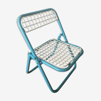 Chair folding child white and blue metal