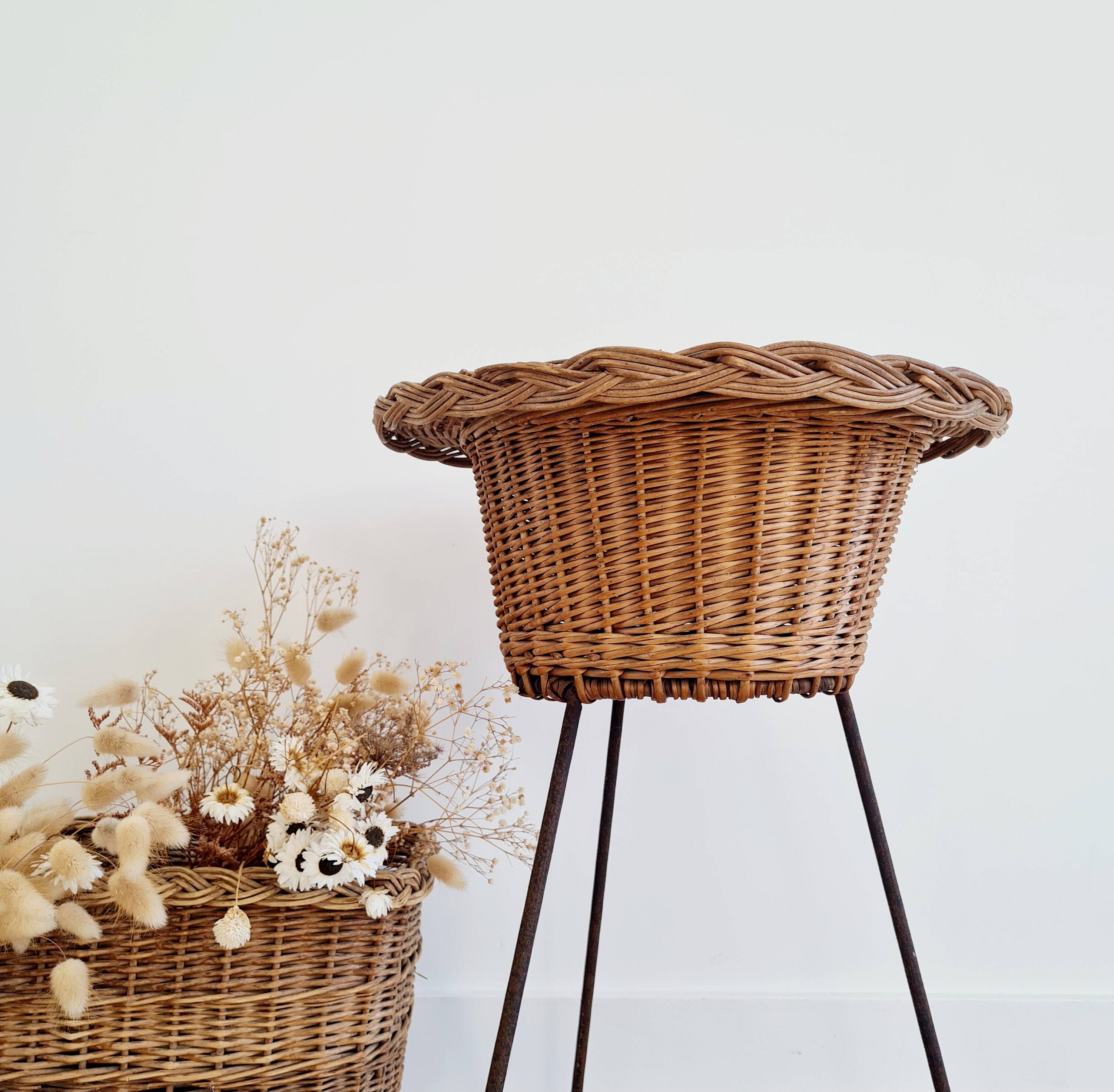 Rattan and metal tripod planter
