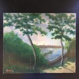 Old painting trees and lake