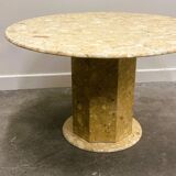 Round breccia marble pedestal table | 1980s vintage stone dining table | Postmodern