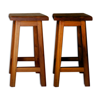Paire de tabourets d'ébéniste en bois fruitier massif années 50