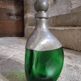 Vintage French green glass and pewter carafe - 1930s handcrafted bottle with stopper