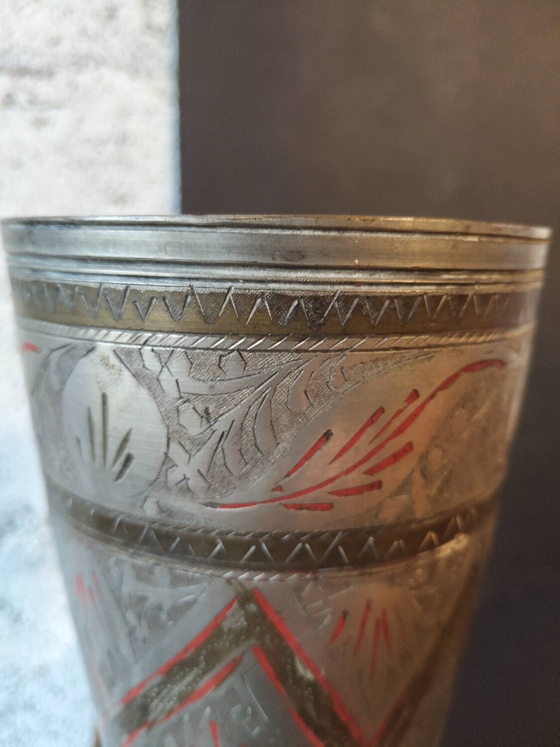 Antique engraved brass lassi glass – Indian artisanal bohemian vase