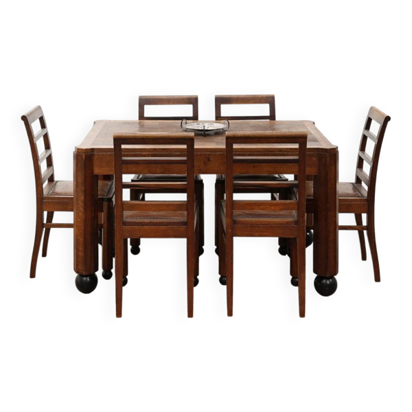 Ensemble de salle à manger Art Déco moderniste en chêne, Pays-Bas, vers 1930