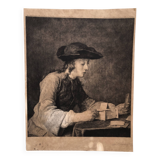 Engraving 1924 le chateau de cartes after chardin, signed berengier pencil, litho etching burin