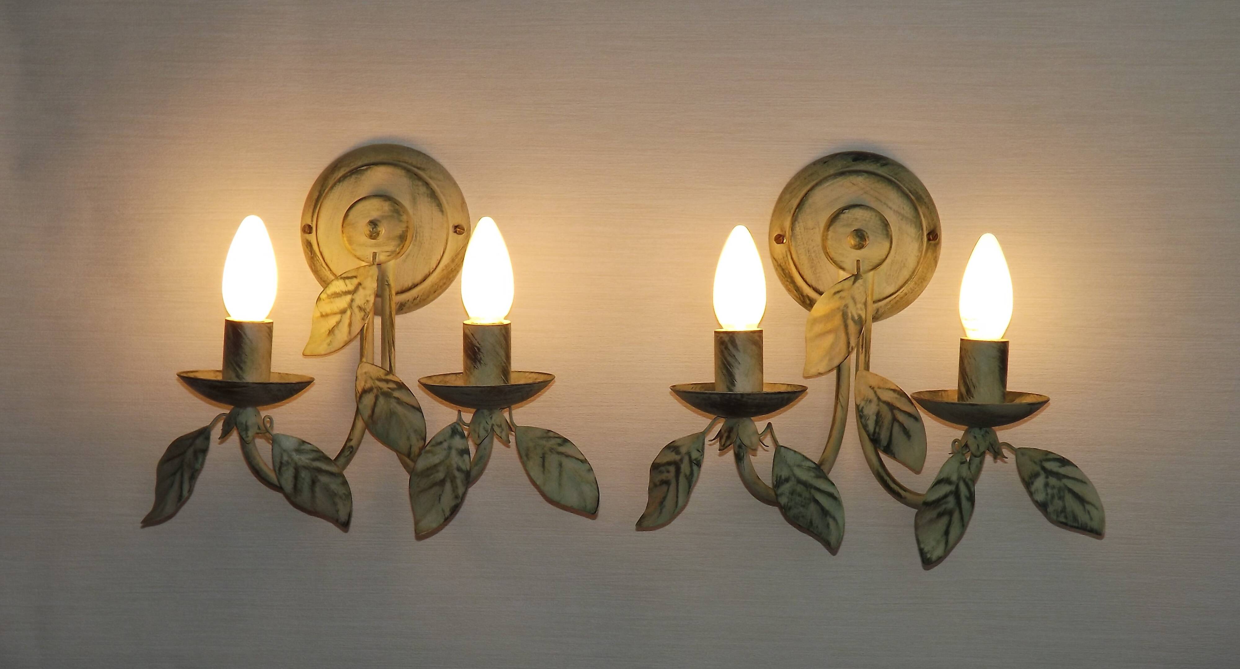 Pair of Vintage Italian Double Wall Lights Leaf Detail Green & Gold Finish