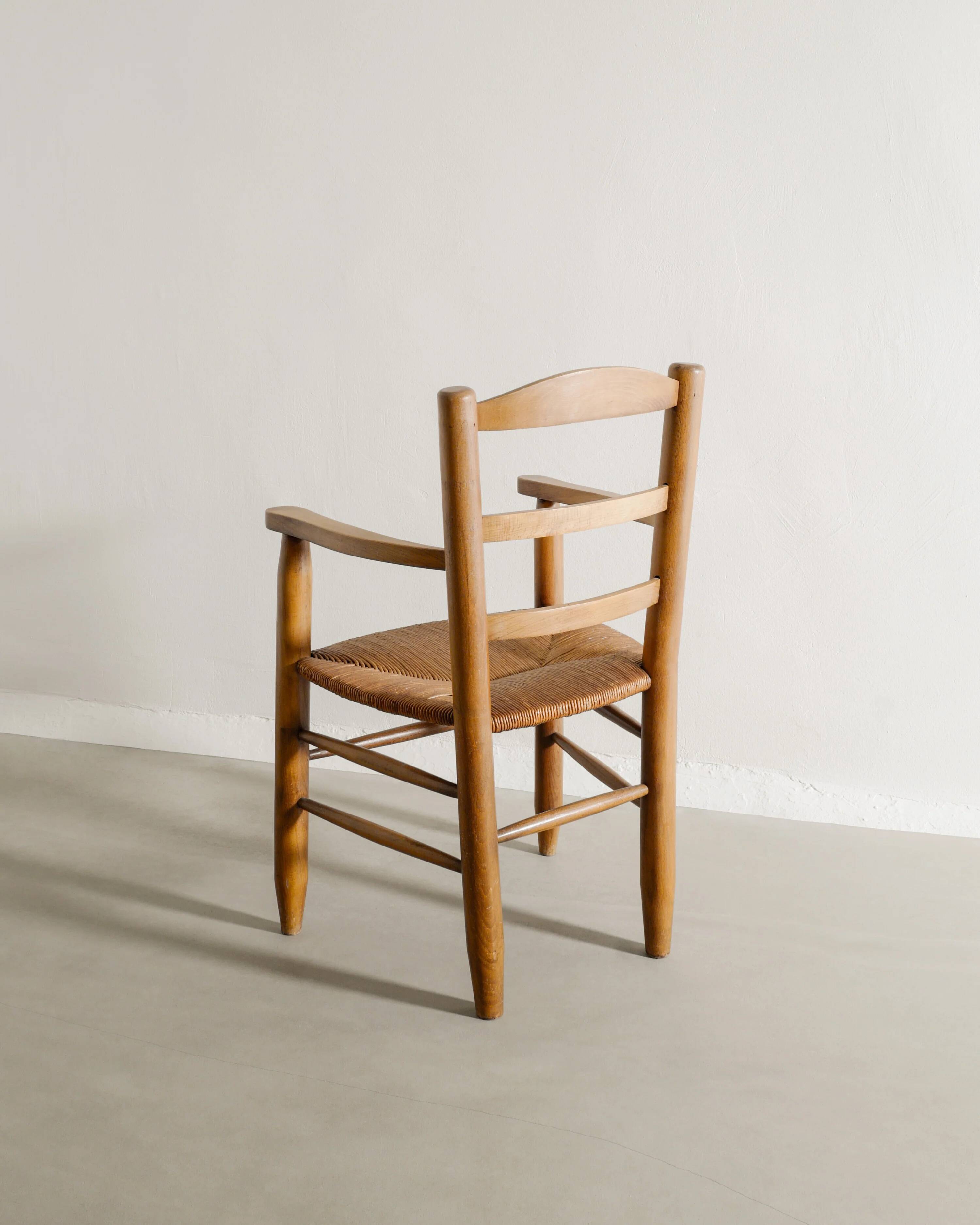 Vintage French Mid Century Wooden Armchairs in Elm & Rattan, 1950s