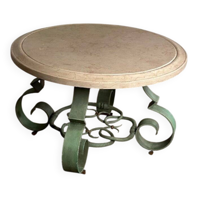 Table basse en fer forgé et marbre beige vers 1930