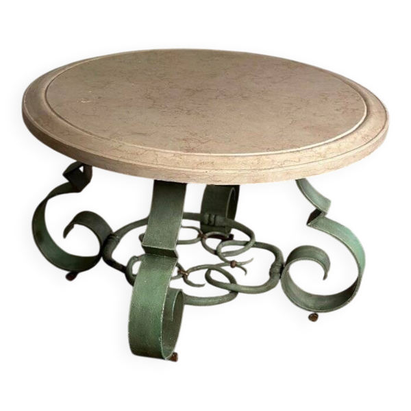 Table basse en fer forgé et marbre beige vers 1930