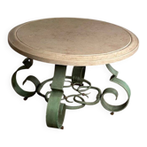 Table basse en fer forgé et marbre beige vers 1930
