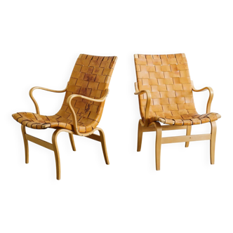 Pair of Swedish Wooden Leather Bruno Mathsson "Eva" Armchairs, 1973