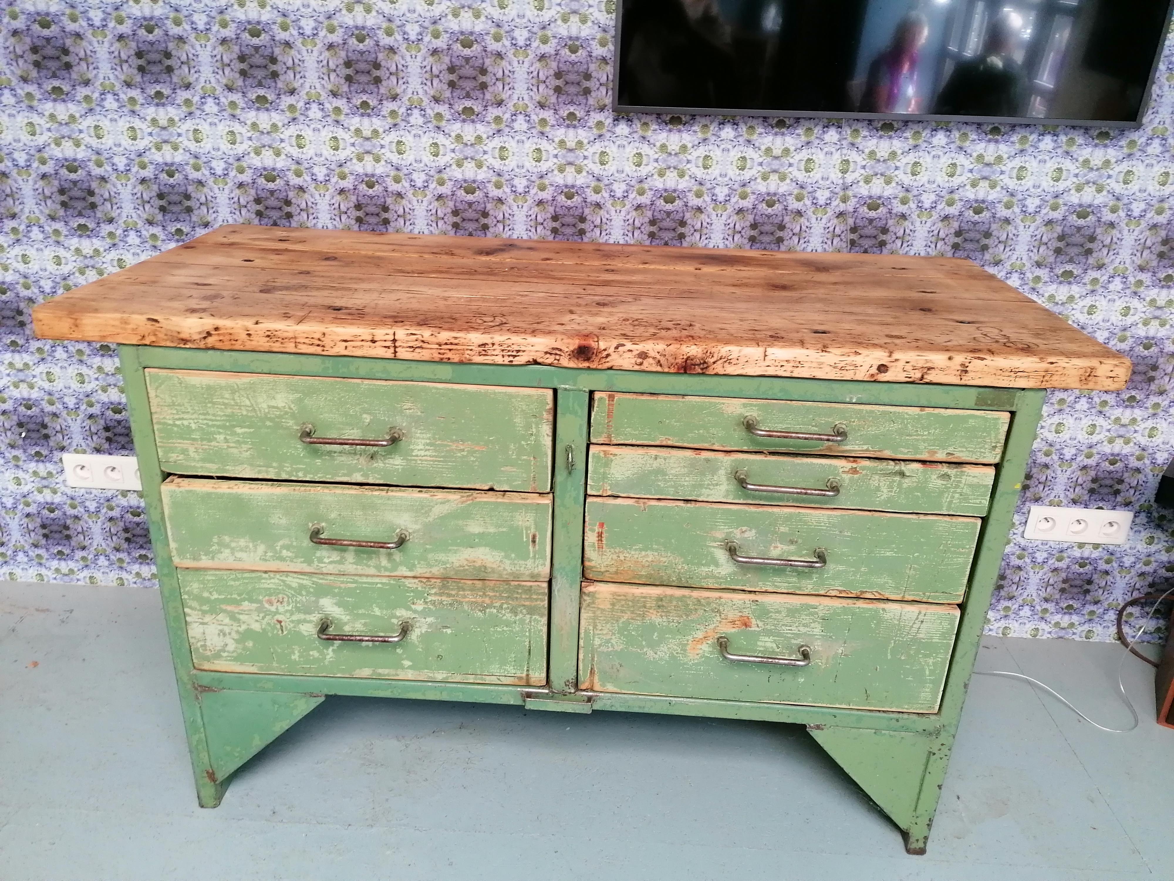 Old wooden garage workbench, industrial vintage.