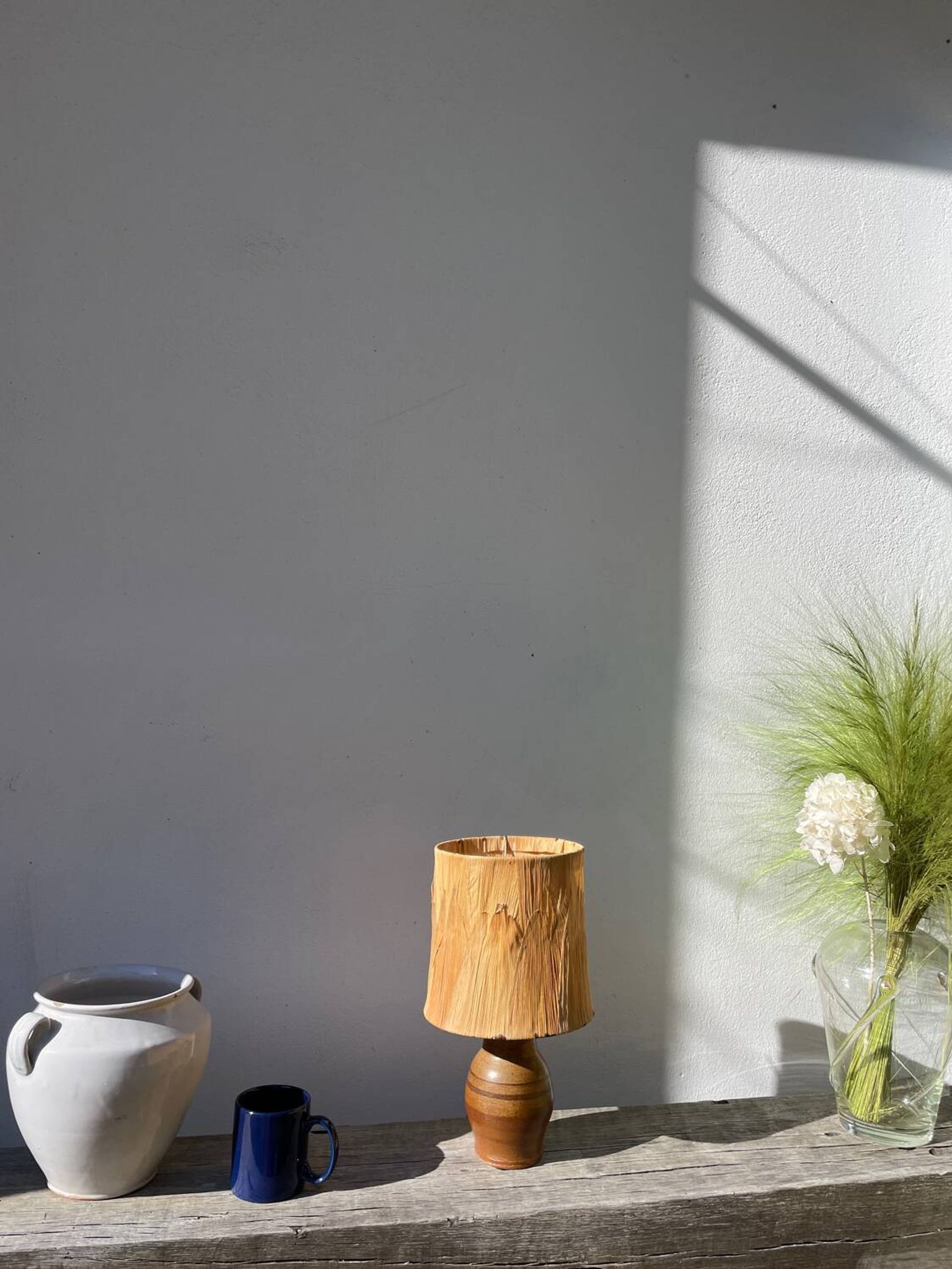 Lampe en céramique marron 1970 et abat jour feuillage