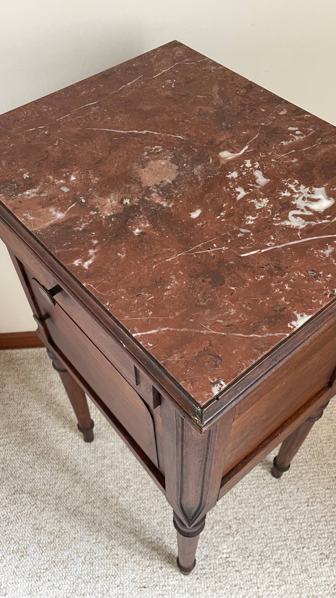 Antique bedside table in wood and marble