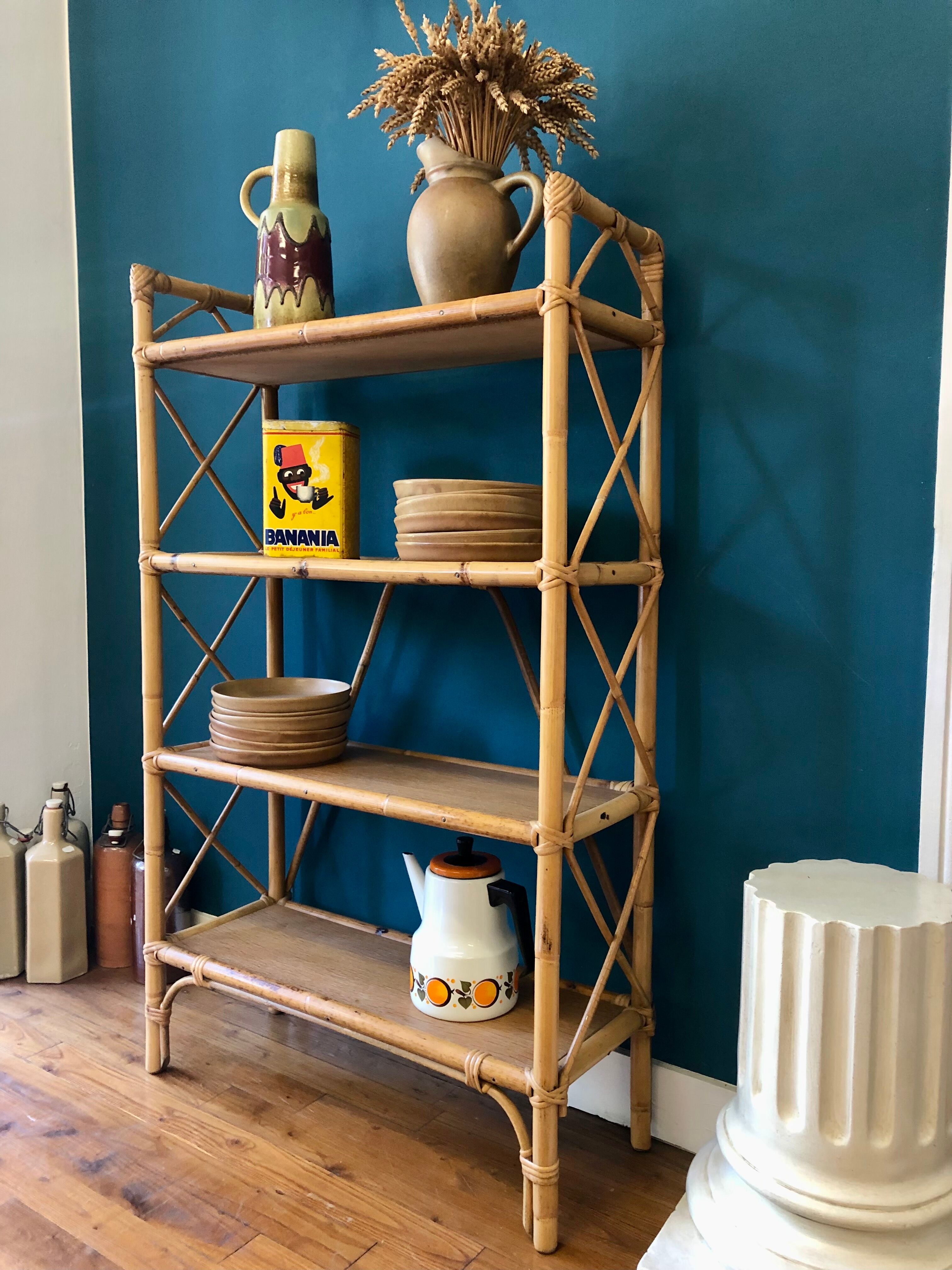 Rattan and bamboo shelf 70s