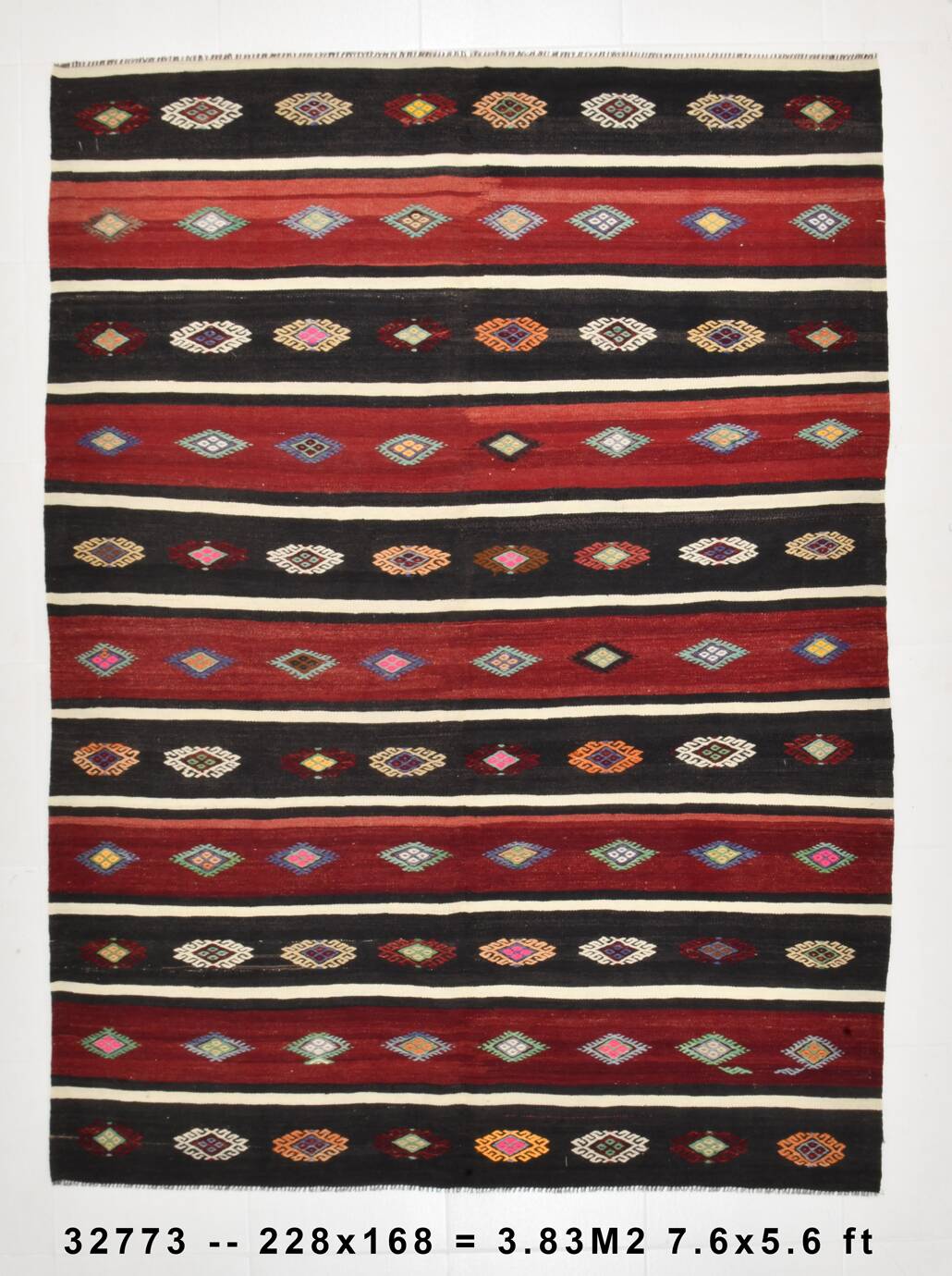 Turkish Red & Black Striped Vintage Kilim Rug, 168x228Cm