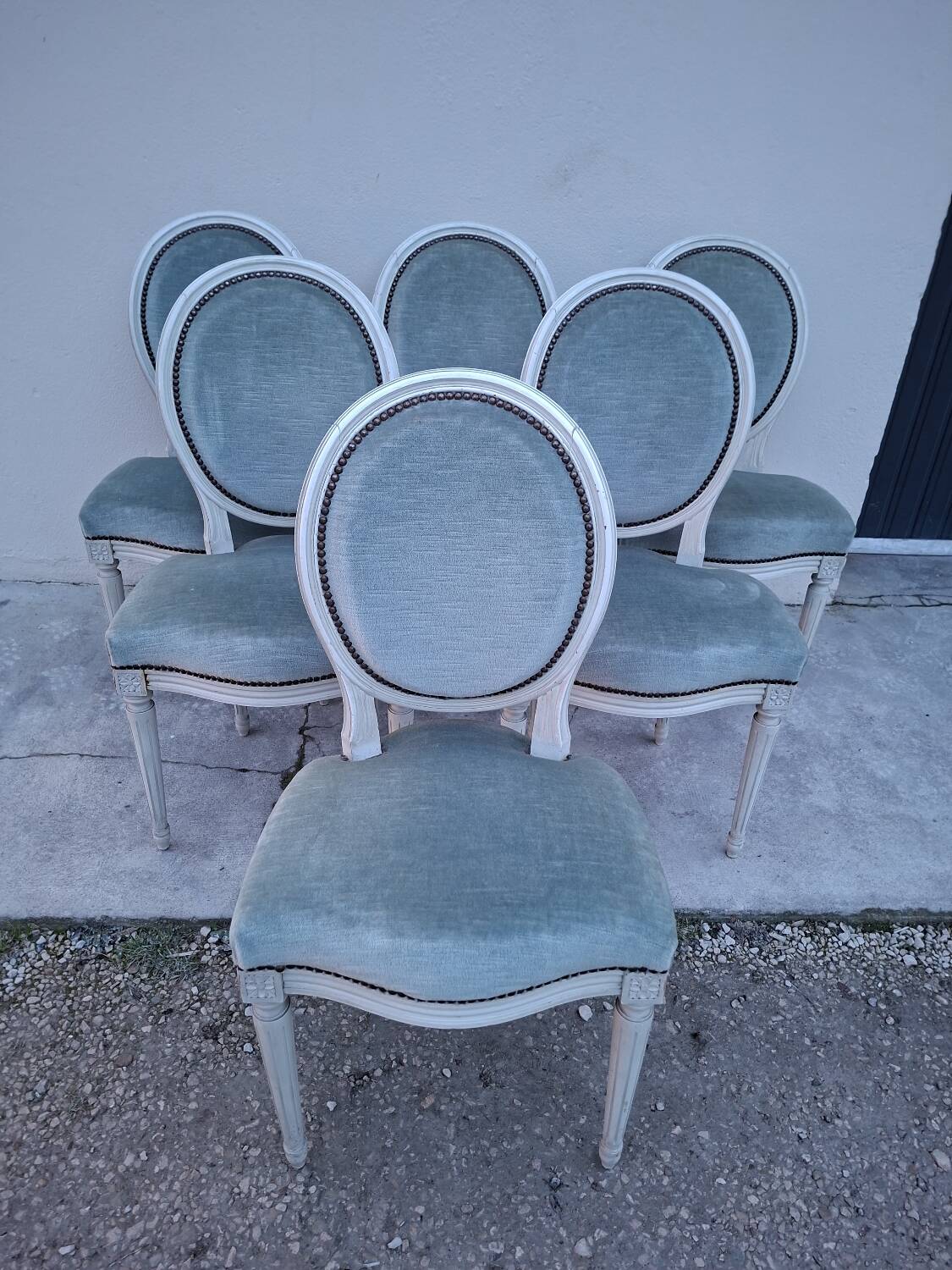 Set of 6 Louis XVI style patinated medallion chairs.